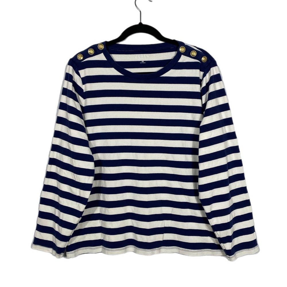 J Crew Perfect-fit long-sleeve crewneck Tee with buttons Navy & White Stripe 3X